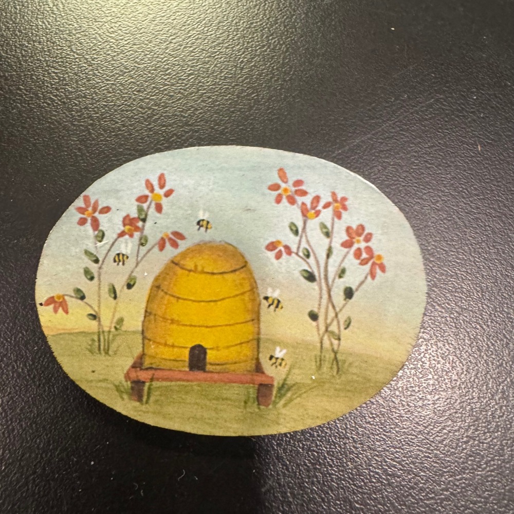 Hand Painted Beehive Brooch Womens Small Multi Color Folk Art Floral Pin